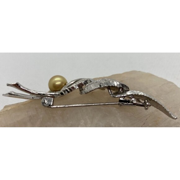 Vintage Yellow Pearl Floral Diamond Cut‎ Brooch Pin Sterling 925 Silver 6g - Picture 5 of 10